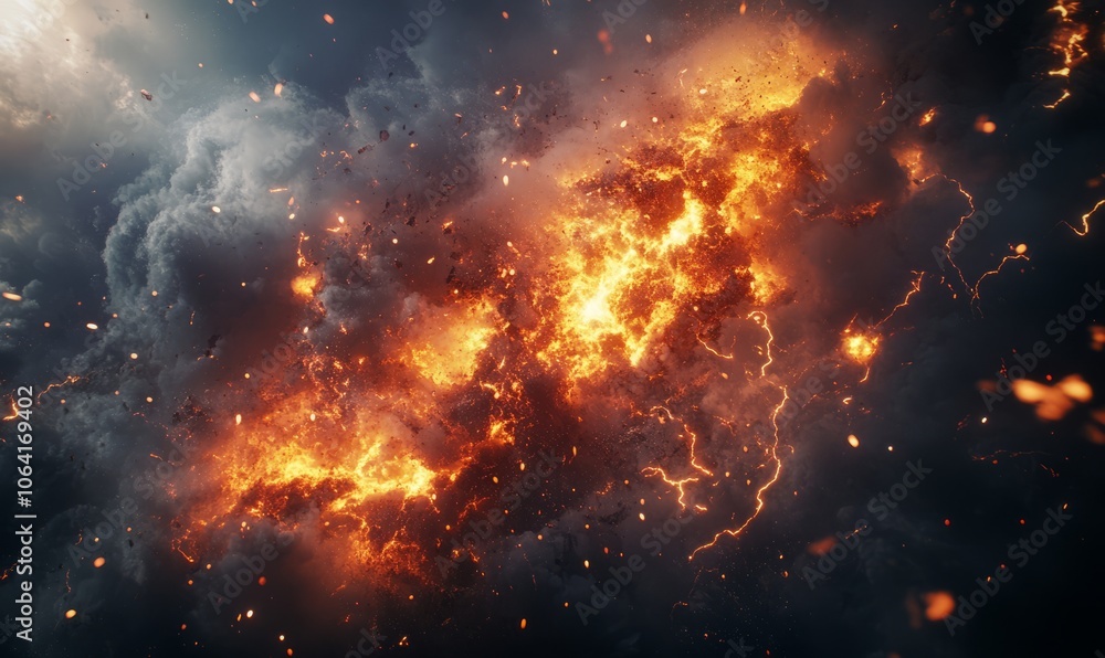 Poster a close-up of a meteor crashing into the earth, causing an explosion of fire, ash, and lightning
