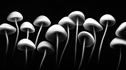  White mushrooms atop green foliage, amidst black-and-white photo