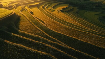 Fototapeta premium An aerial view of rice paddies in the golden hour light. The paddies are terraced, creating a pattern of lines and curves.