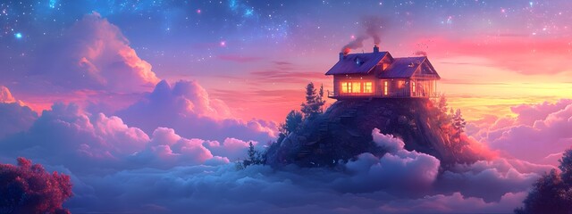 Fototapeta premium A lonely cabin on top of a floating mountain, surrounded by clouds and shooting stars, surreal color palette with deep purples and oranges