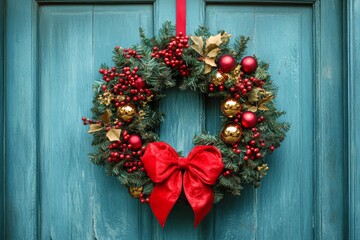 Fototapeta premium Maximalist style Christmas wreath with layers of ribbons, berries, baubles, and large bows, hanging on a boldly painted door