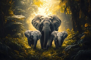 Fototapeta premium Family of elephants wandering through the jungle, a group of elephants, including a baby, wandering through lush green vegetation in the jungle as the sun shines through the leaves.