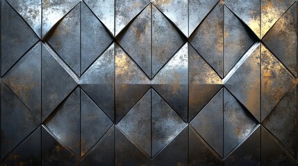 Brushed metal diamond plate, 3D design with raised geometric patterns, soft industrial lighting emphasizing metallic sheen and texture