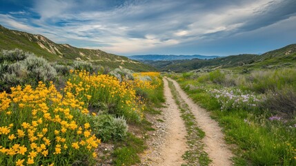 A dirt path winds through a field of wildflowers, with rolling hills and a cloudy sky in the background.