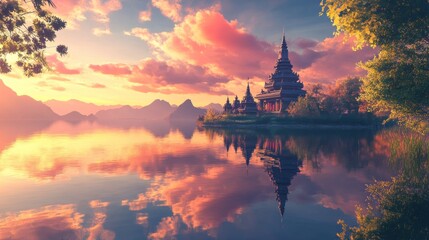 Fototapeta premium A traditional temple sits on a small island in a serene lake, bathed in the golden hues of a stunning sunrise. The mountains in the background add to the tranquil scene.