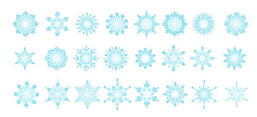 Collection of various snowflakes. Decorative seasonal ornaments. Vector graphics.