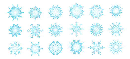 Collection of various snowflakes. Decorative seasonal ornaments. Vector graphics.