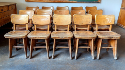 Wooden chairs are neatly arranged in rows in a room. Concept of vintage classroom seating arrangement.