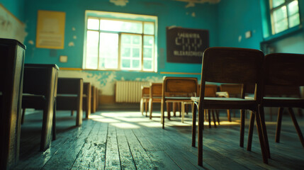 Rows of empty wooden chairs in a sunlit classroom with blue walls and peeling paint. Concept of abandonment and nostalgia.