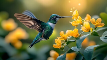 Fototapeta premium Flying hummingbird in a blooming garden