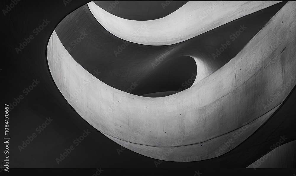 Poster an abstract monochrome wave-like structure, curving elegantly with smooth lines
