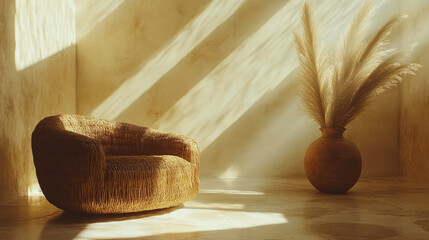 Wicker chair sits beside large vase with dried grass in a sunlit room. Concept of warm, minimalist interior design.