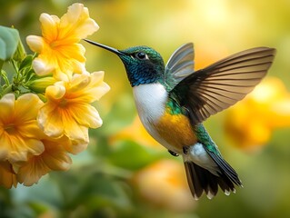 Fototapeta premium Flying hummingbird in a blooming garden