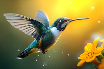 Naklejka premium Flying hummingbird in a blooming garden