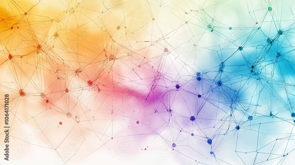 Poster a vividly hued abstract backdrop featuring interwoven lines and dots in the shape of a network