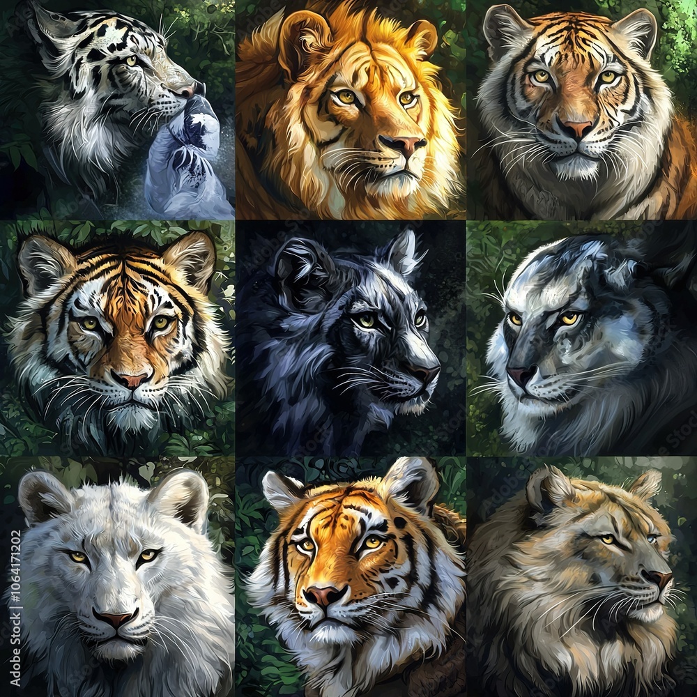 Poster a close-up of various animals arranged in a square pattern with diverse facial features in varying s