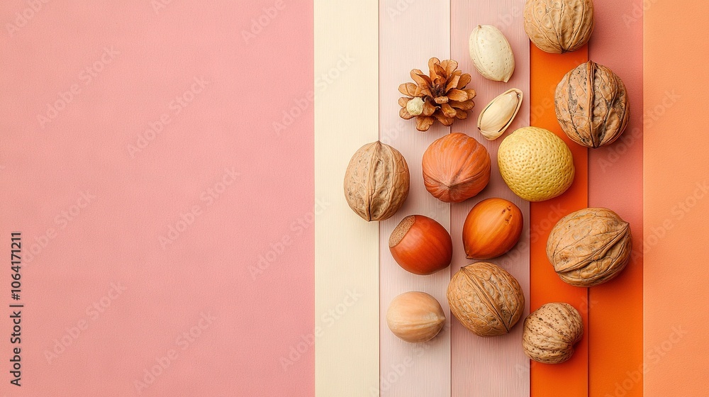 Poster a mix of nuts and shells on a multicolored striped background with room for text