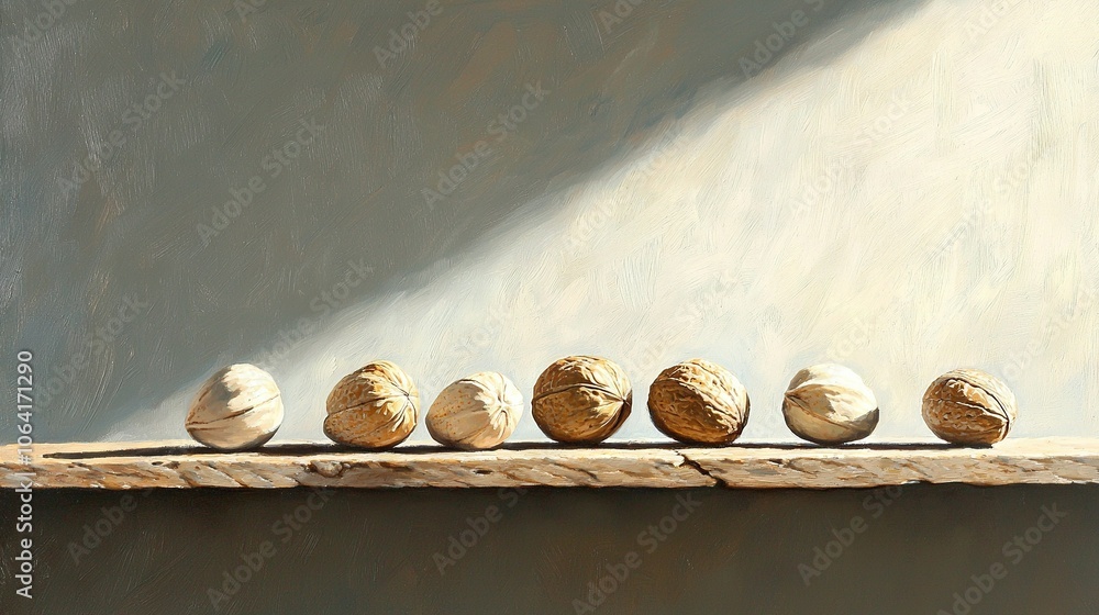 Poster a painting depicts a row of breads on a ledge with a shadow projected onto the adjacent wall