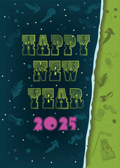 Happy New Year 2025 Vintage Typographic. A festive illustration of the words Happy New Year in yellow letters in a typographic vintage style. The number is pink. The background is a combination of gre