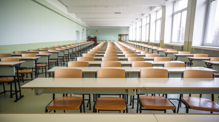The classroom is empty with rows of desks and chairs. The chairs are not occupied and the desks are also empty. The room is large and spacious, giving it a feeling of emptiness and solitude