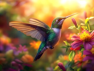 Fototapeta premium Flying hummingbird in a blooming garden