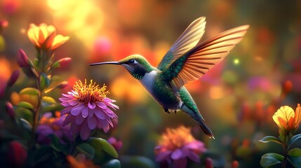 Fototapeta premium Flying hummingbird in a blooming garden