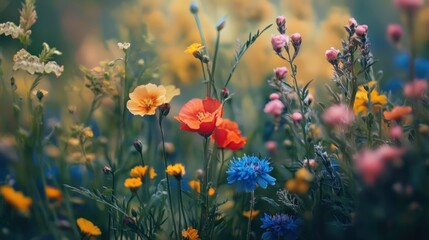 Obraz premium A vibrant meadow filled with wildflowers in shades of orange, red, yellow, pink, and blue.