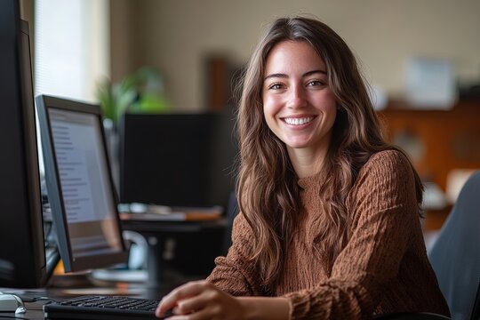 Young Woman With Long Brown Hair Smiles While Working at a Desk in a Modern Office Environment During the Day