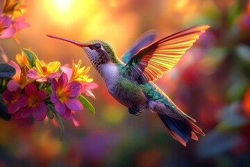 Fototapeta premium Flying hummingbird in a blooming garden