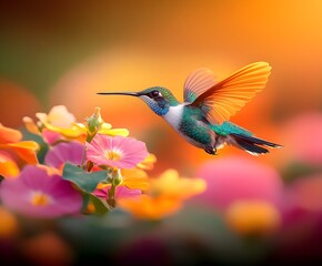 Naklejka premium Flying hummingbird in a blooming garden