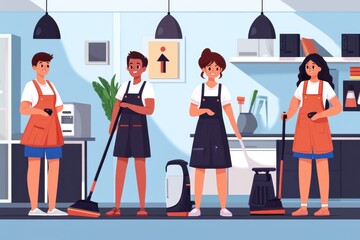 Team of Cleaners in Modern Workspace Setting