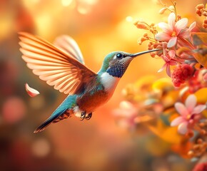 Fototapeta premium Flying hummingbird in a blooming garden