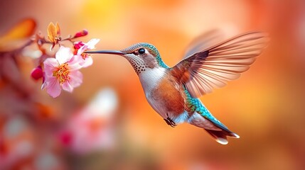 Naklejka premium Flying hummingbird in a blooming garden