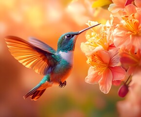 Fototapeta premium Flying hummingbird in a blooming garden