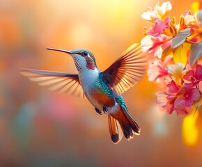 Fototapeta premium Flying hummingbird in a blooming garden