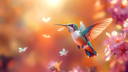 Naklejka premium Flying hummingbird in a blooming garden