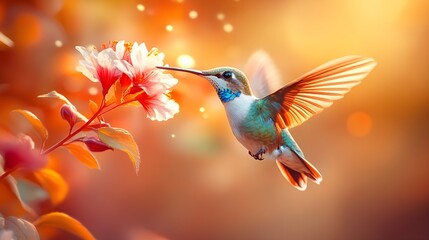 Fototapeta premium Flying hummingbird in a blooming garden