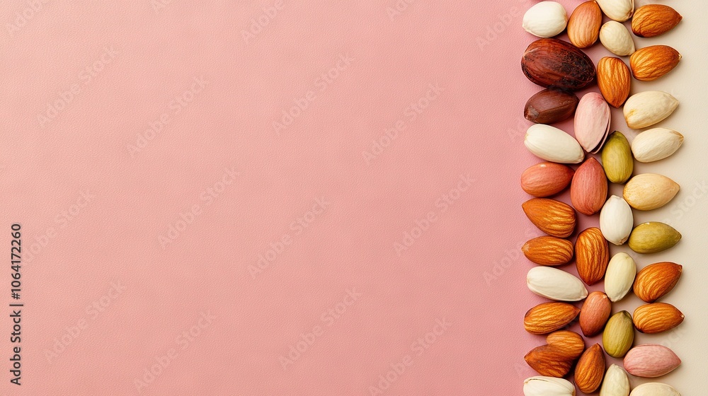 Poster almonds and pistachios are arranged on a pink background with space for text