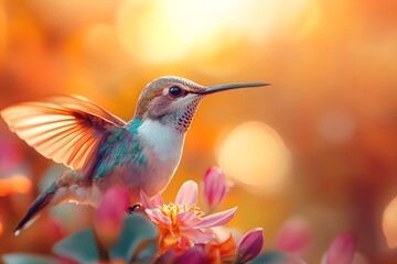 Naklejka premium Flying hummingbird in a blooming garden