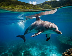 Fototapeta premium A lively dolphin swims gracefully in clear ocean waters, showcasing the beauty of marine life and the vibrant underwater world