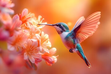 Naklejka premium Flying hummingbird in a blooming garden