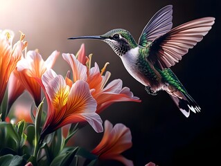 Naklejka premium Flying hummingbird in a blooming garden