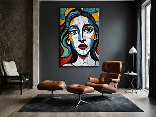 wallpaper representing a living room with an armchair, the floor is covered with a carpet. A surrealist painting hangs on the back wall.