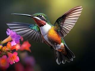 Fototapeta premium Flying hummingbird in a blooming garden