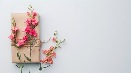 Gift wrapped in kraft paper with pink wildflowers, natural and rustic gift wrap, minimalist floral arrangement, eco-friendly packaging, simple and elegant design, copy space for text

