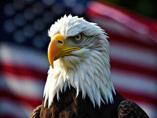 A striking portrait of a bald eagle with a fierce gaze, set against the backdrop of an American flag symbolizing patriotism and freedom.