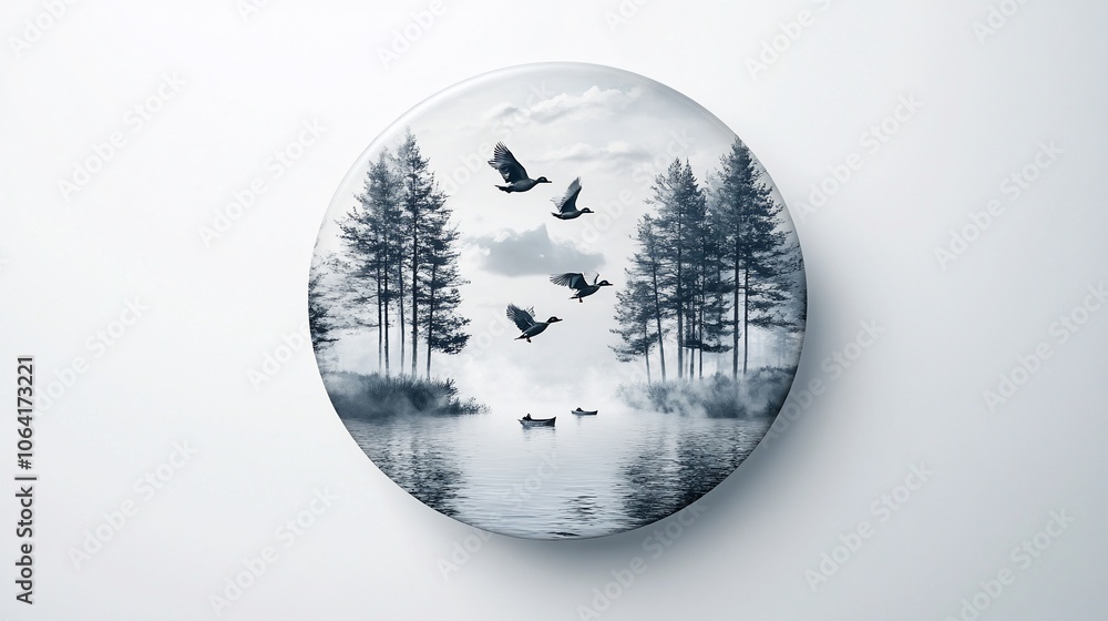 Poster a circular badge with a scenic view of a lake with birds flying over tall trees and a boat in the wa