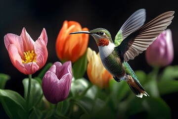 Naklejka premium Flying hummingbird in a blooming garden