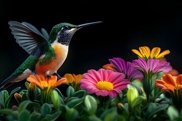 Fototapeta premium Flying hummingbird in a blooming garden