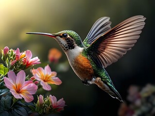 Flying hummingbird in a blooming garden